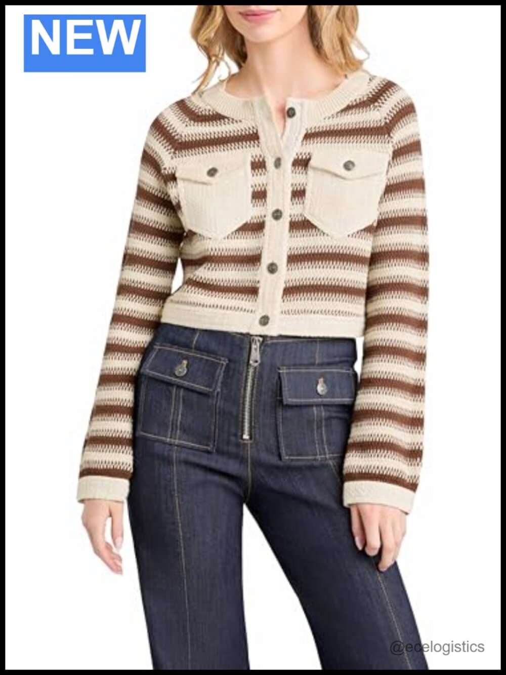 Crochet Knit Striped Cardigan, Long Sleeve, Button Front, Cropped